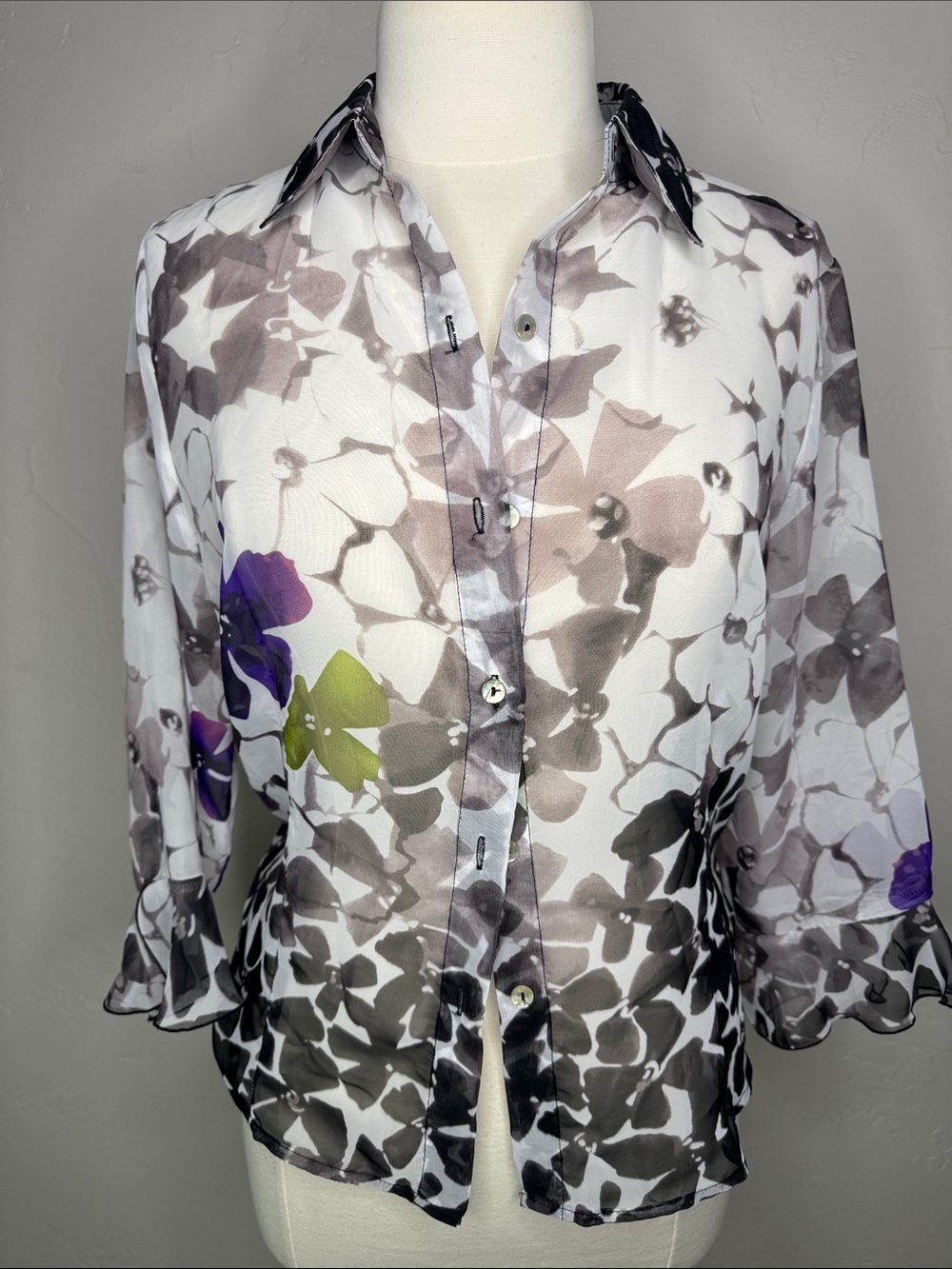 NICOLA Sheer Floral Button-Down Shirt with a Pop of Purple and Green Floral